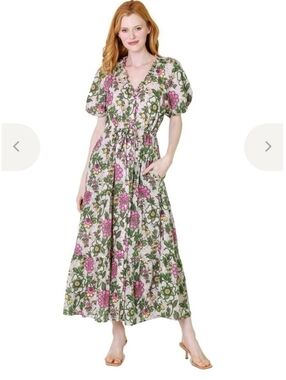 Banjanan Pink and Green Floral Puff-Sleeve Maxi Dress, Size M